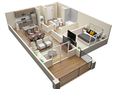 Floor plan for 1 bed, 1 bath, 861 sqft